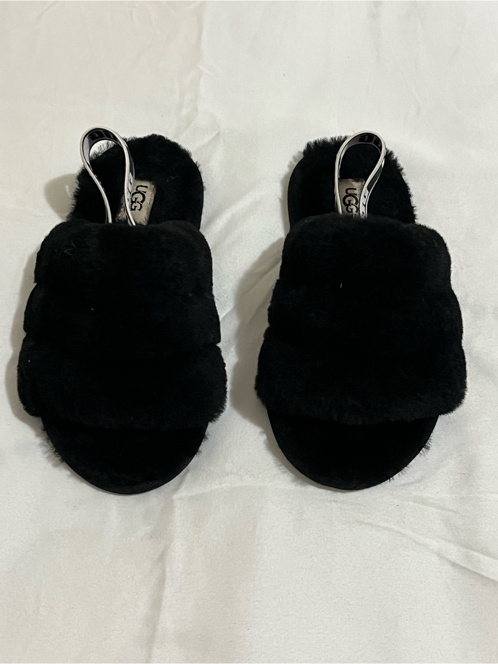 UGG Fluff Yeah Black Plush Slingback Slide Sandals Little Girls Size 11c NWOT